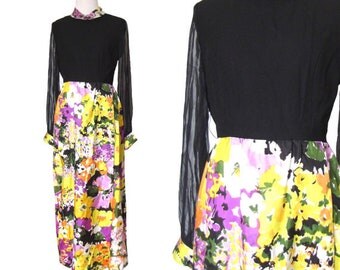 Vintage 1960's Floral Maxi Gown - Size Medium
