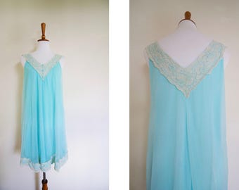 Vintage Teal Blue Lacy V Neck Slip Dress / Nightgown / Lingerie / Vintage Boudoir