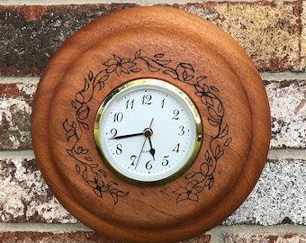 Hand turned, wood burned, flower wall clock