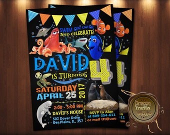 Finding Dory Invitation, Finding Dory Birthday Invitation, Finding Dory Party, Chalkboard Custom Card Dory, Finding Dory Printable Invite