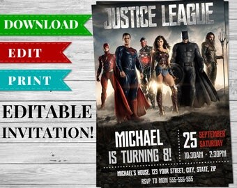 Justice League Invitation, Editable Printable Superhero Invitation, Superhero Birthday Party Supplies, Printables, Justice League Movie