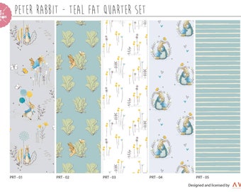 Peter Rabbit Fabric, Peter Rabbit Fat Quarter, Beatrix Potter fabric, teal fabric, Fat Quarter pack, childrens fat quarter bundle