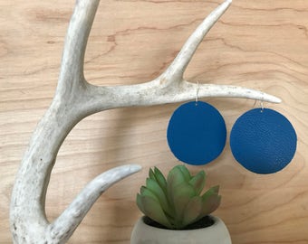 Blue leather circle earrings