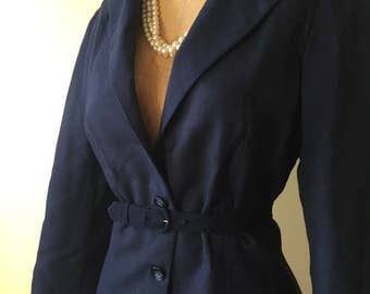 Puff sleeve 1940s navy blue linen jacket