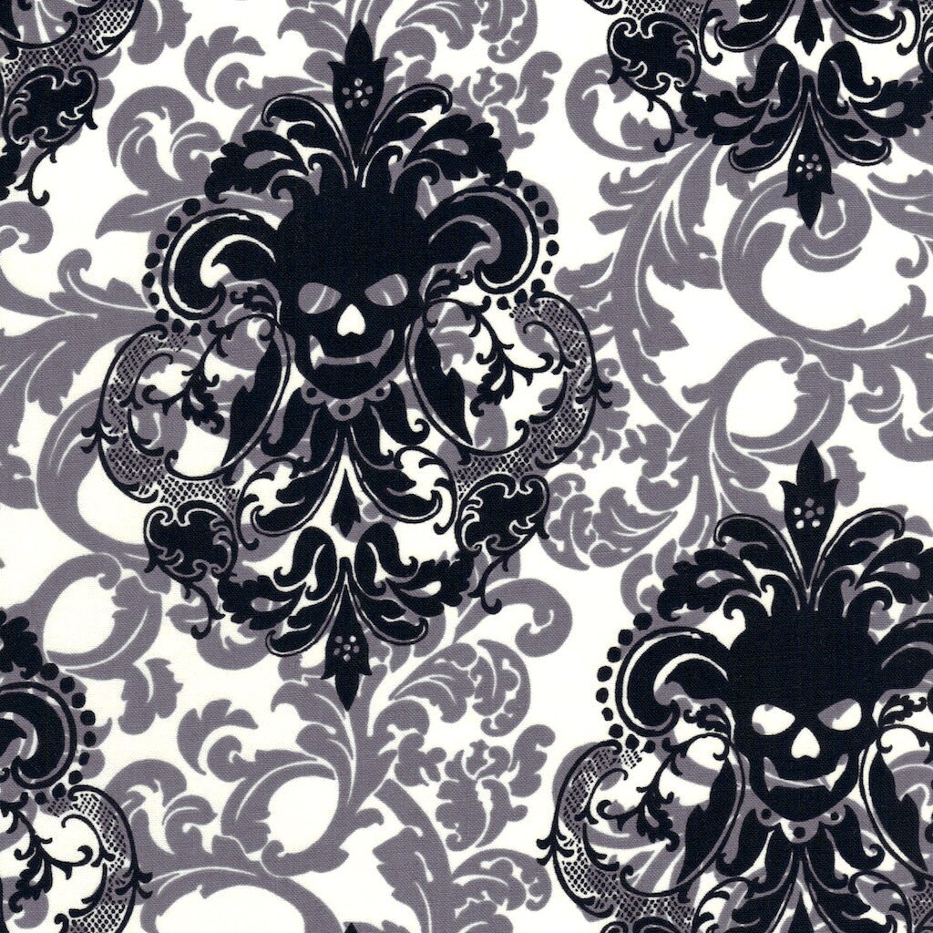 Black Damask Skulls on Ivory Michael Miller Gothic Cotton Fabric FQ