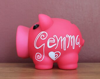 Fuchsia Personalised Piggy Bank Bespoke Money Box for Savings / Hand Illustrated Fun Artisan Gift for Her / Kids / Newborn