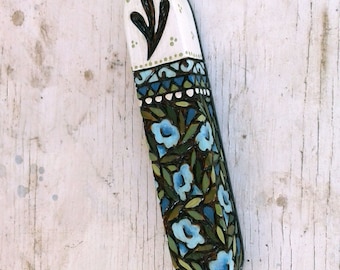 Blue Flowers Mezuzah, Wooden Mezuzah case, Jewish art, Jewish gift, Judaica item, Pyrography art, wood burning art