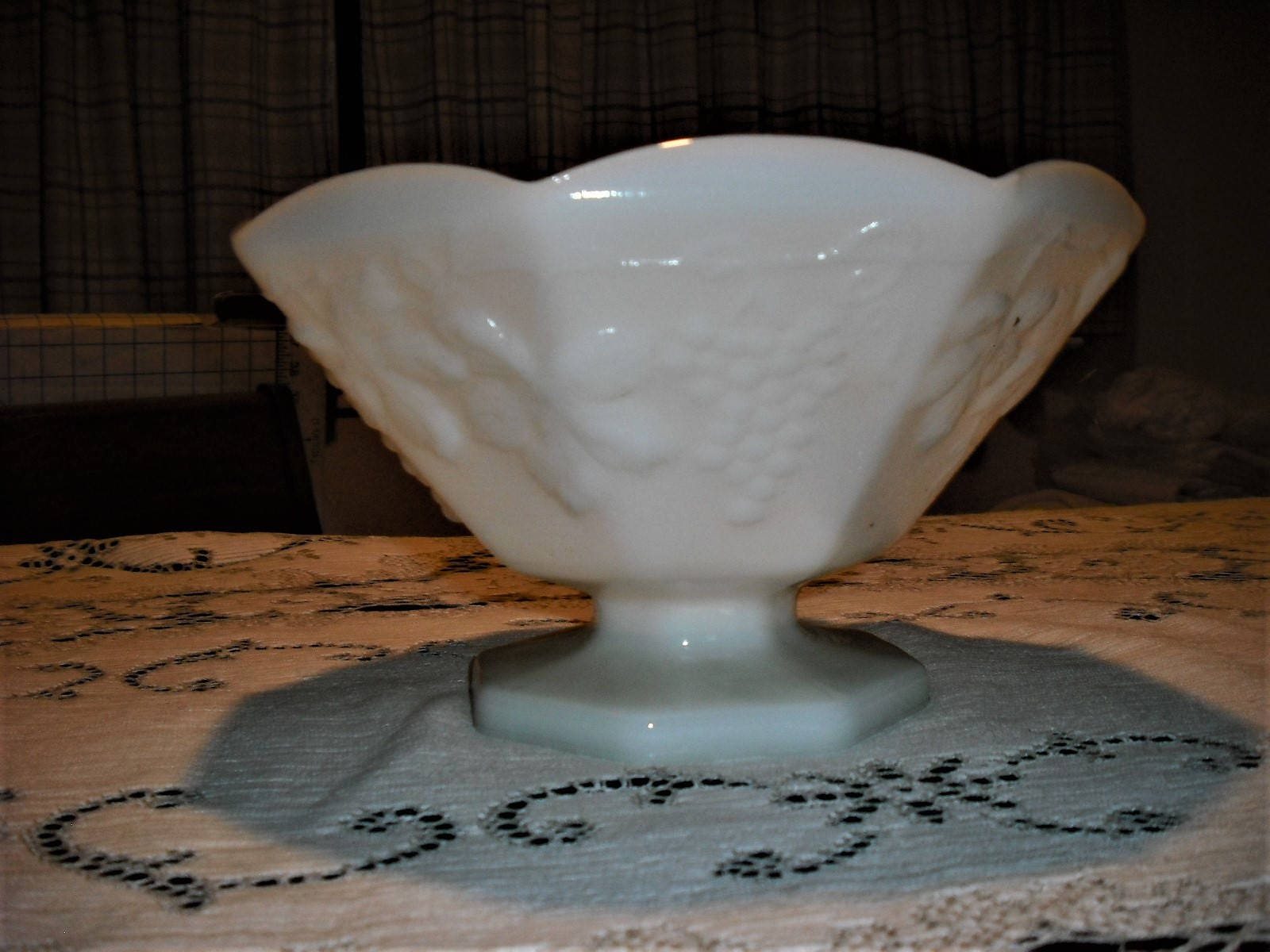Vintage Large Milk Glass Grape and Leaf Pattern Pedestal Bowl