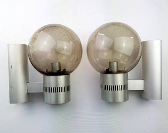 Pair aluminium globe vintage space age smoked bubble glass