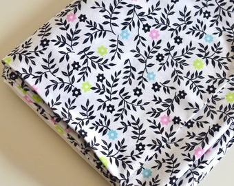 Vintage Fabric Cotton Print Black & Multicolor Floral Stems and Leaves on White by the Yard