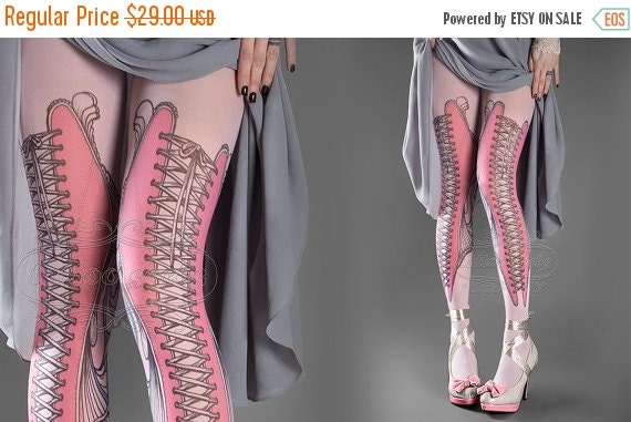 WinterSALE/// NEW light pink one size Elizabeth full length printed tights closed toe corset drawing pantyhose tattoo tights by tattoo socks by tattoosocks steampunk buy now online