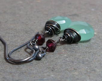 Mint Green Chalcedony Earrings Pink Tourmaline Oxidized Sterling Silver Earrings Pink and Green