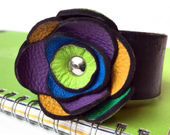 Leather Cuff Bracelet with Colorful Leather Flower and Adjustable Elastic Closure, EcoFriendly, Women, OOAK, by Greenbelts