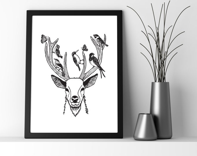 Rustic Decor, Woodland Nursery, Woodland Art, Deer Antlers, Deer Print Art, Boho Art Hanging, Deer Head Decor, Deer Head Wall Decor