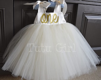 Ivory Gold Birthday Tutu Dress, Girls Gold Birthday Dress, Gold Glitter Birthday Dress, Custom Birthday Tutu Dress, Baby Birthday Dress