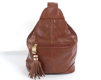 TRIANGLE brown leather 80s 90s KNAPSACK grunge convertible BACKPACK