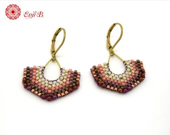 Boucles d'oreilles dorées Boho Miyuki tissées, rose ecru cuivré, dormeuses Laiton