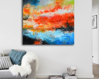 RESERVED _ Original acrylic red painting, Large blue and red painting, abstract painting on canvas, ready to hang, Huge 36x36 painting