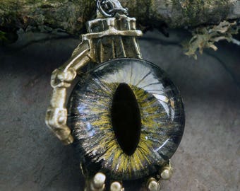 Gothic Steampunk Robot Claw Pendant with Silver Grey Eye