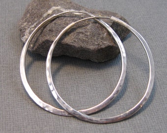 Sterling Silver Hammered Hoops, Artisan Hand Forged Hoops by Liz Blanchflower, 2 inch large hammered hoops in sterling silver