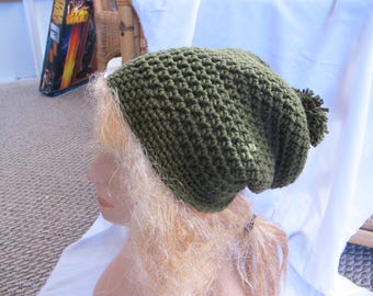Army Green Slouchy Beanie, Slouch Beanie, Pom Pom Beanie, Unisex Slouchy Beanie