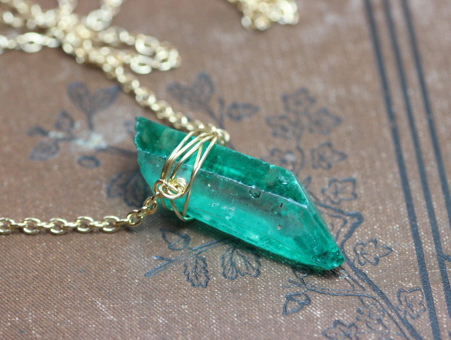 Green Crystal Point Necklace Aura Quartz Gold Wire Wrapped 