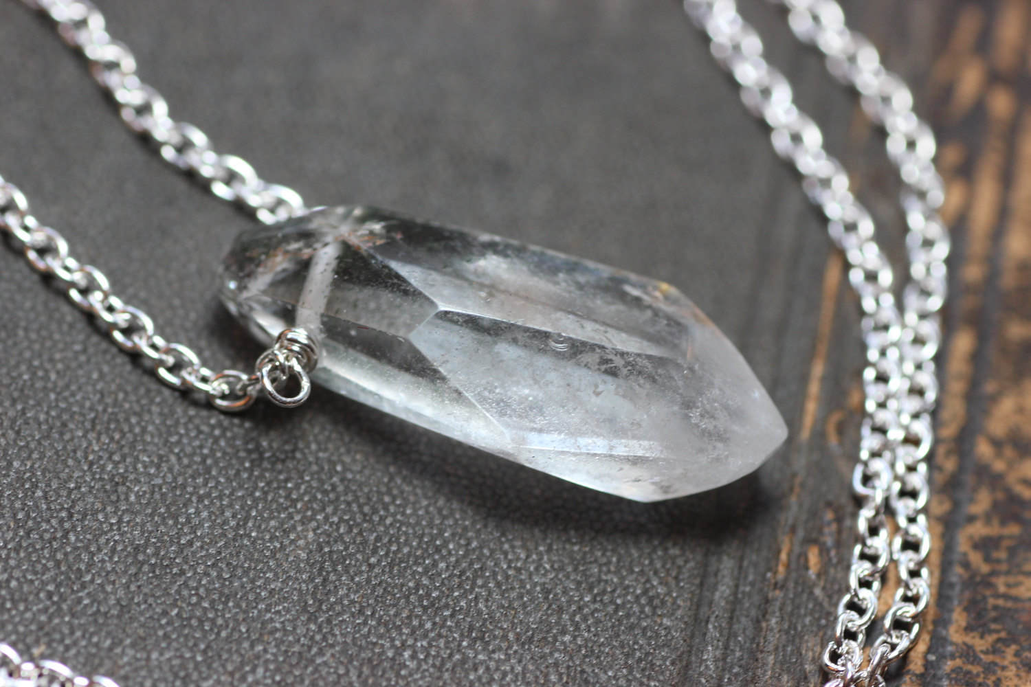 Garden Quartz Point Necklace Raw Quartz Crystal Necklace Moss