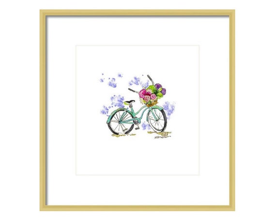 Bicycle Art Print Turquoise Bike with flowers Bike Wall Art