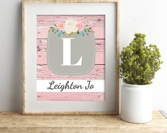 Pink gray nursery wall art baby girl nursery decor shabby nursery custom name print gift for baby shower gift personalized baby letter art