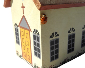 Wood Block Hand Painted Church, Fireplace Mantle Décor, Table Top Decoration, Vintage Wood Block Toy, Doll Village,