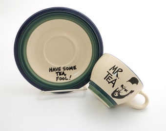 Mr T Tea Teacup and saucer set in blue and green - have some tea fool - upcycled - vintage ceramic - Mr Tea - tea set