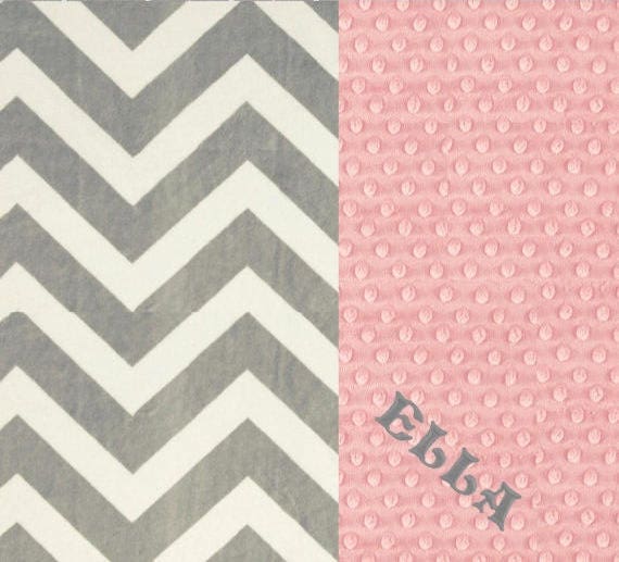 42 x 55 Crib Size Minky Baby Blanket, Personalized Baby Blanket // Gray Chevron & Pink Baby Blanket // Crib Blanket // Gray Chevron