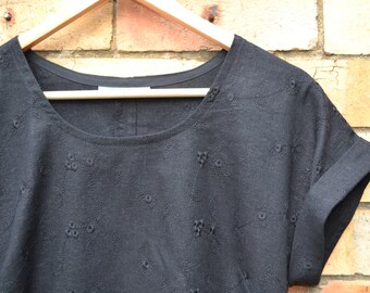 Broderie Anglaise top in Black Cotton Linen