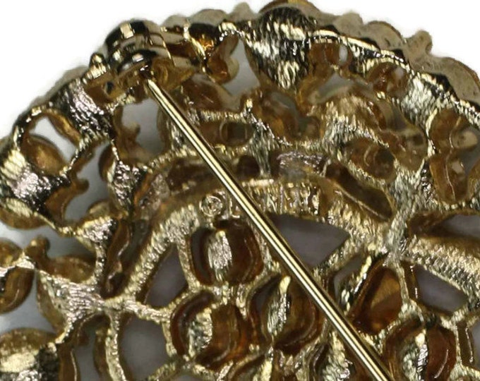 Green Rhinestone Brooch Signed Lisner Light and Dark Green Rhinestones Vintage