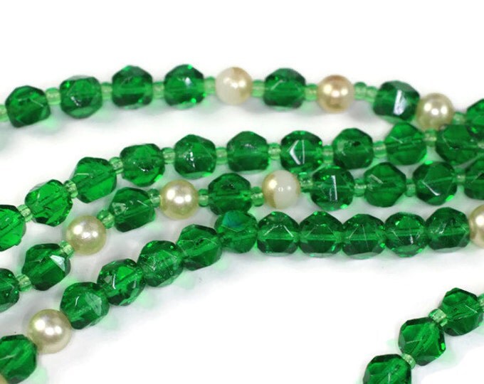 Art Deco Flapper Green Crystal Necklace Faux Pearls Vintage Extra Long