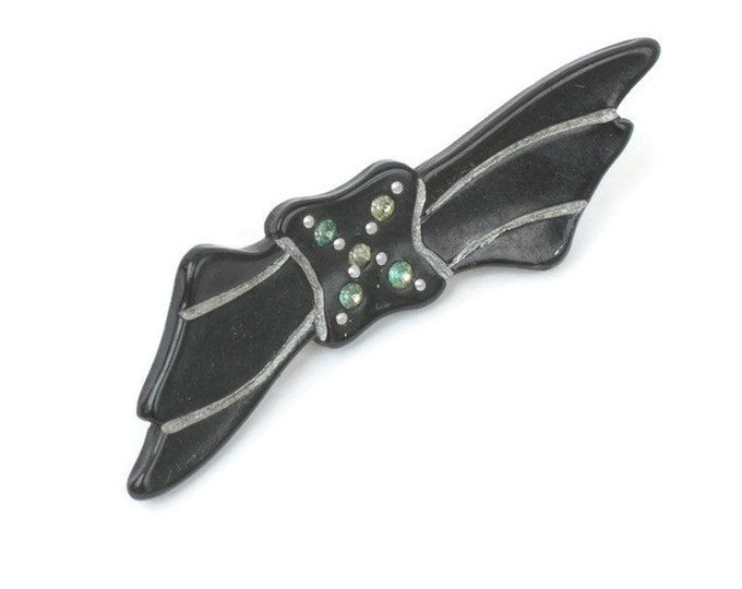 Black Celluloid Bow Pin Etched with Rhinestones Vintage 1930s
