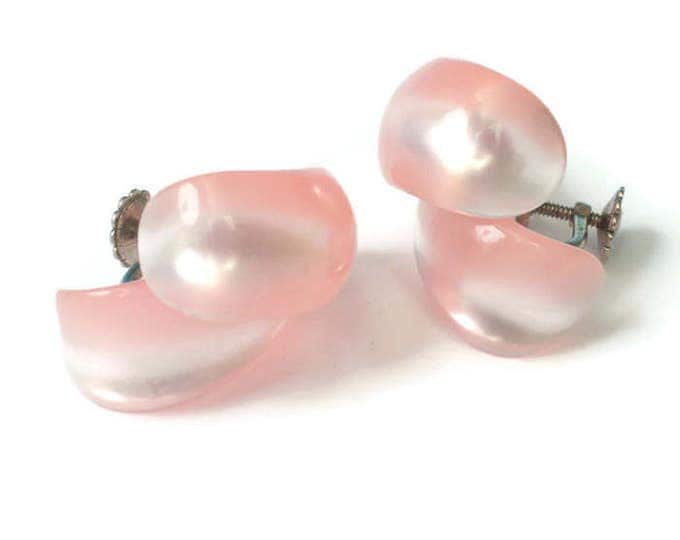 Pink Moonglow Lucite Swirl Earrings Screw Back Sterling Findings 1950s