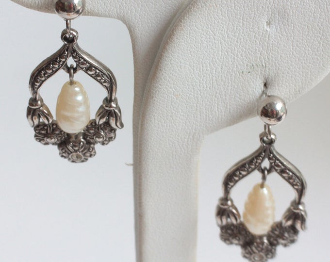 Faux Pearl Dangle Earrings Marcasites Rhinestones Silver Tone Posts Vintage Victorian Revival