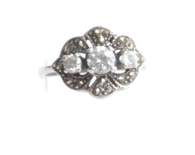 Crystal Marcasite Sterling Ring Faux Diamond Three Stones Vintage Size 7
