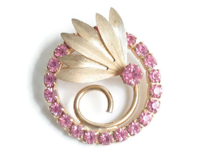 Pink Rhinestone Circle Brooch Flower Leaf Retro Vintage