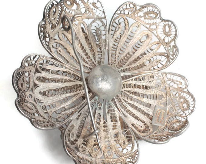 Sterling Silver Filigree Flower Brooch Mexico Dimensional Design Vintage