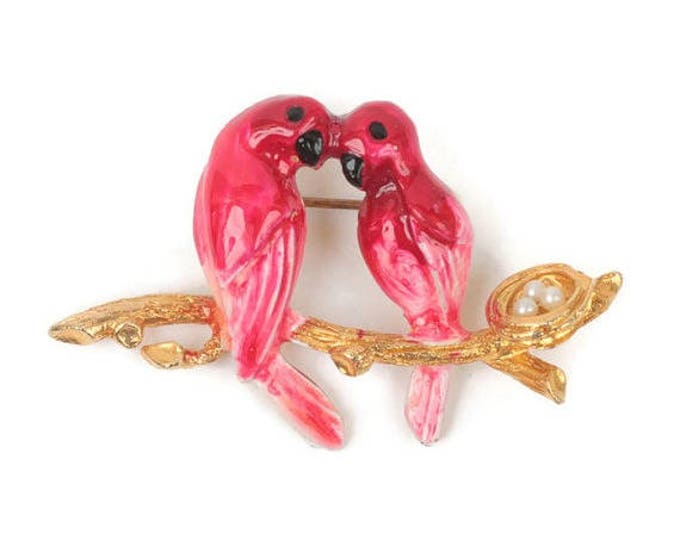 Red Enameled Lovebirds on Branch Brooch Nest with Faux Pearl Eggs Vintage