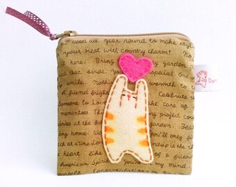 Small cat zipper pouch cat coin purse cat lover gift for her valentine gift small change pouch cat with heart cute gift