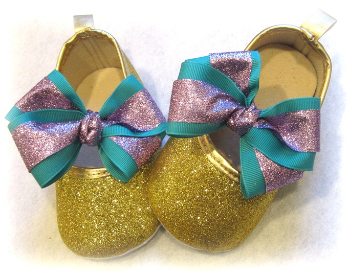 Gold Baby Shoes, First Birthday Shoes, Purple shoes, Glitter shoes, Crib shoes, Infant Shoes, Flower Girl Shoes, Pageant Shoe, Wedding Shoes