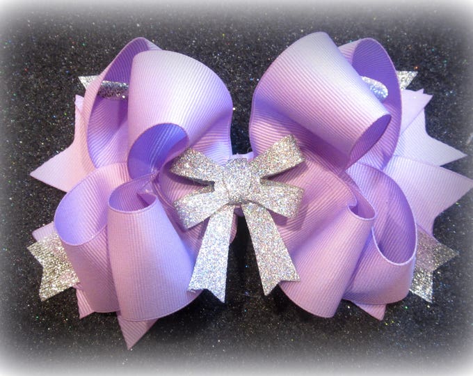 Lt Lavender hair bow, boutique hairbows, girls bows, glitter hair bow, big bows, pageant bows, party hairbow, stacked bow, purple hairbow