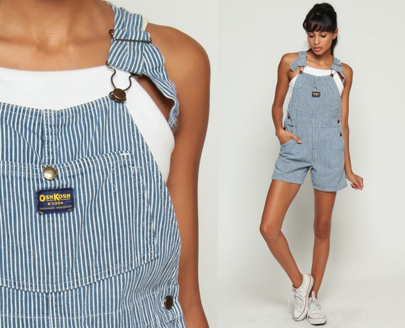 Osh Kosh Overalls 90s Denim STRIPED Shorts OshKosh Jeans Shortalls Women Grunge 80s Blue Suspender Hipster Vintage Extra Small xs