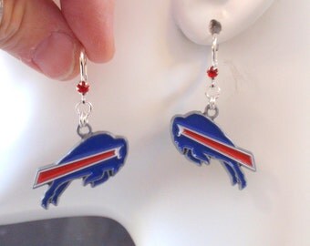 Buffalo Bills Earrings, Bills Jewelry, Red Crystal Leverback Bills Charm Earrings, Pro Football Bills Bling Accessory Fanwear