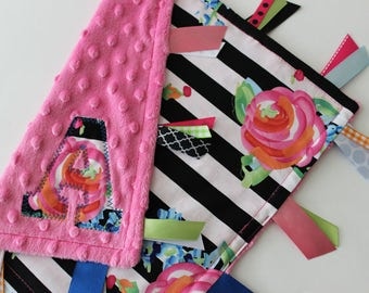 taggie, blanket, personalized, baby, girl, gift, flowers, black, white, pink, roses, minky, ribbon, lovey