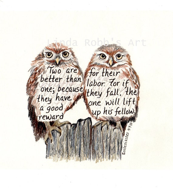 Two cute owls Bible Verse art print scripture by LindaRobbsArt