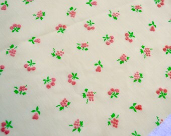 Vintage Fabric - Semi Sheer Yellow Curtain Fabric Flocked With Pink Cherries and Fruit - 43 x 45